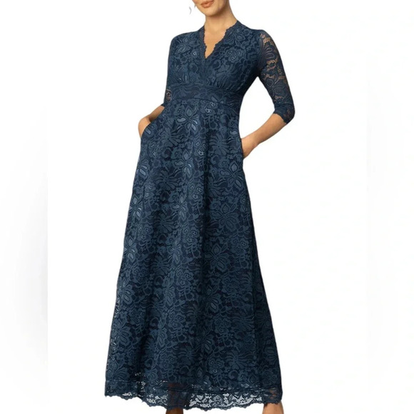 Kiyonna Maria Womens Navy Lace Evening Gown 3/4 Sleeve Scallop Full Length S - Picture 2 of 13